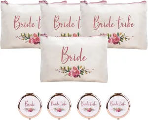 CARAKNOTS Bride Tribe Gifts Bride Tribe Bags Set of 8 Bridesmaid Gifts for Wedding Proposal Bridal Shower Bachelorette Party Favor Cotton Canvas Cosmetic Makeup Bag with Compact Mirror