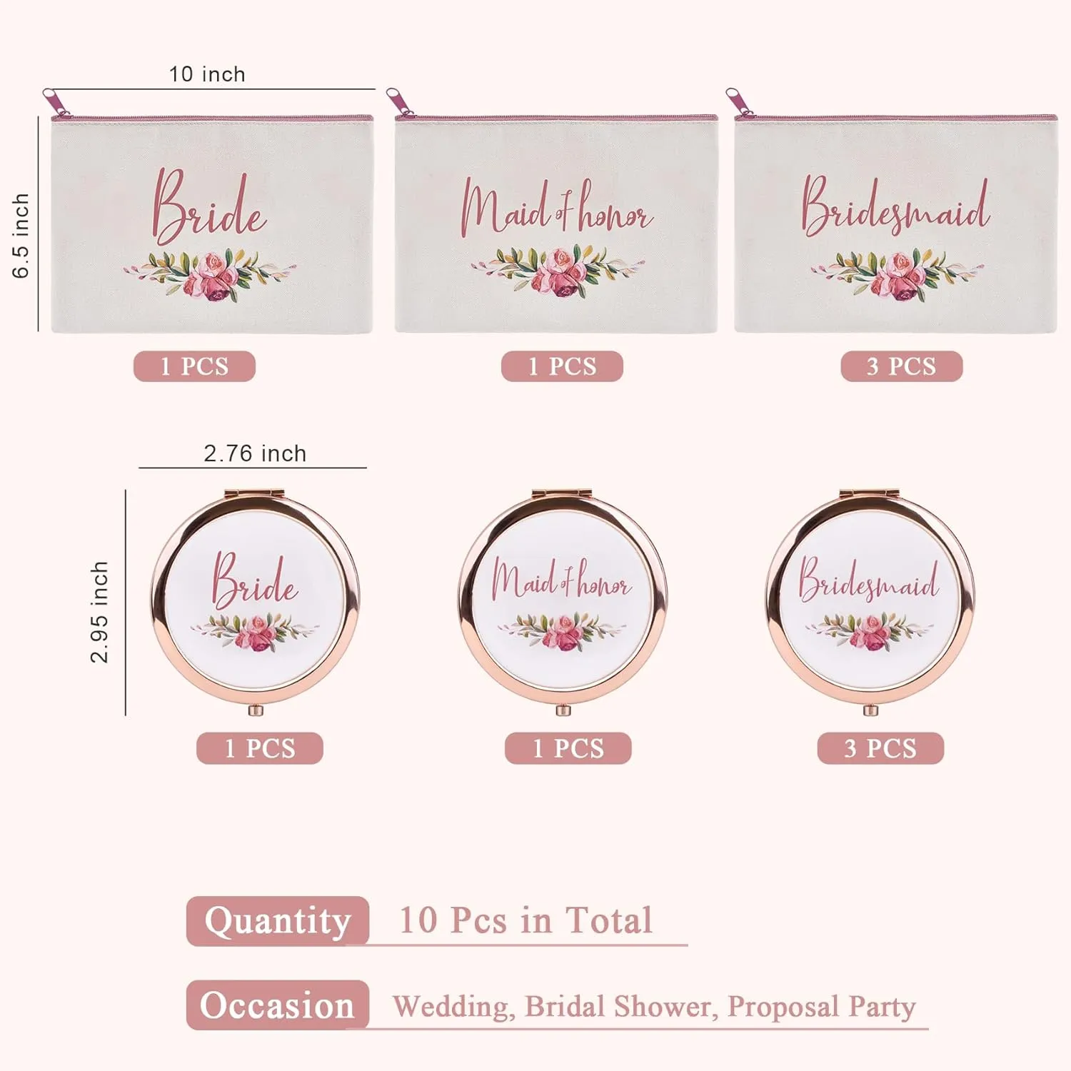 CARAKNOTS Bridesmaid Gifts Set of 10 Bridesmaid Makeup Bag with Compact Mirror Maid of Honor Proposal Gifts Wedding Bridal Bachelorette Party Favor Cotton Canvas Cosmetic Makeup Bags