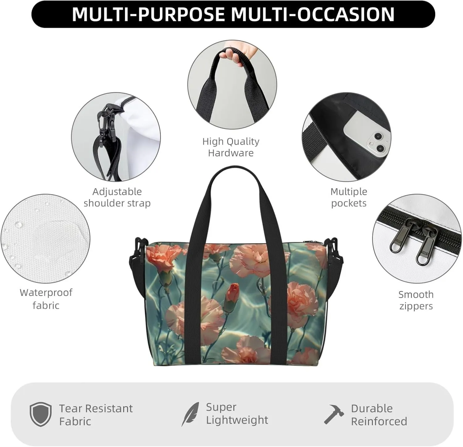 carnations water print Travel Duffel Bag, Sports Tote Gym Bag, Swim Pool Bag Large Shoulder Tote Bag for Beach Weekender, 202-406-121
