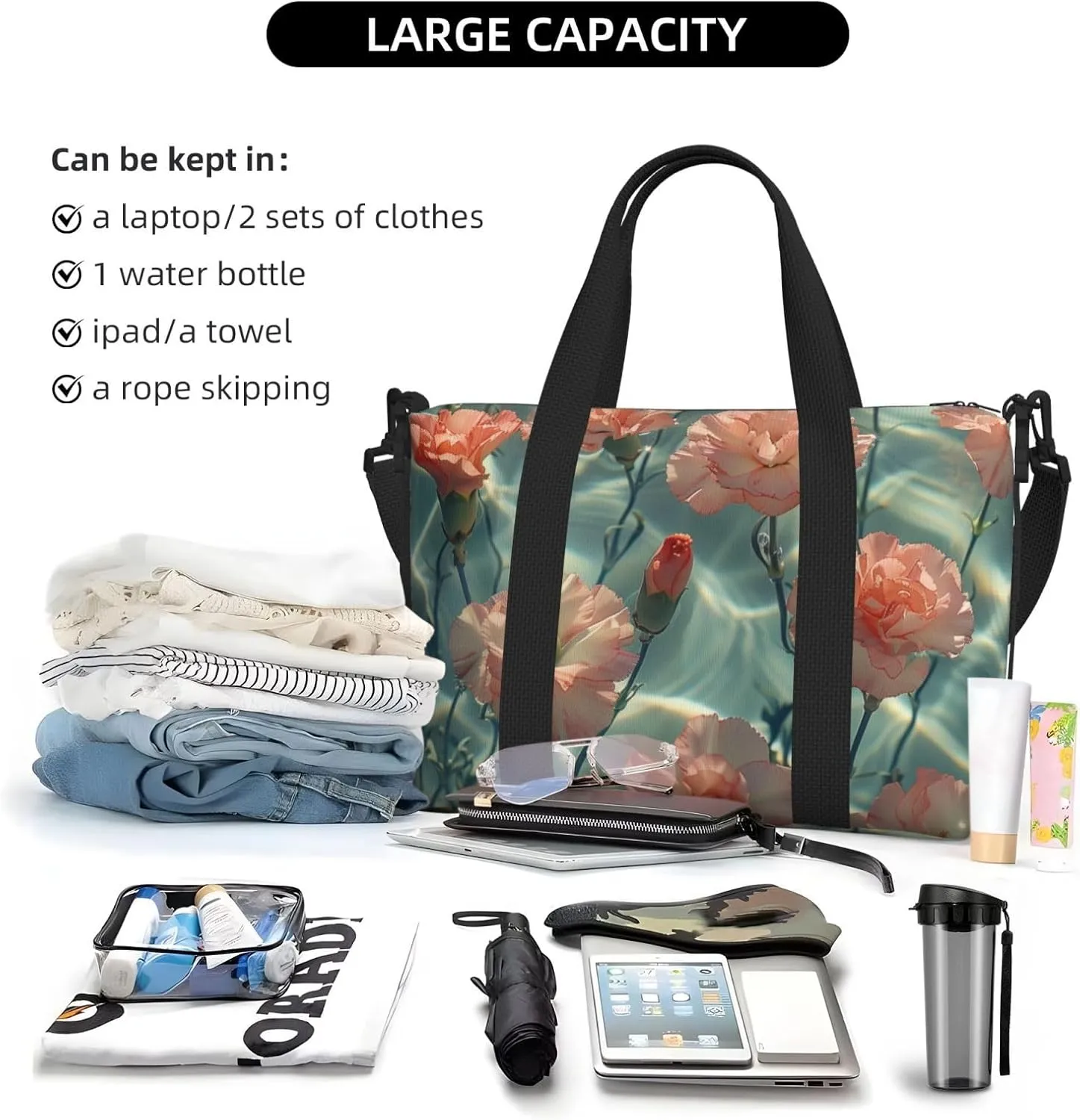 carnations water print Travel Duffel Bag, Sports Tote Gym Bag, Swim Pool Bag Large Shoulder Tote Bag for Beach Weekender, 202-406-121
