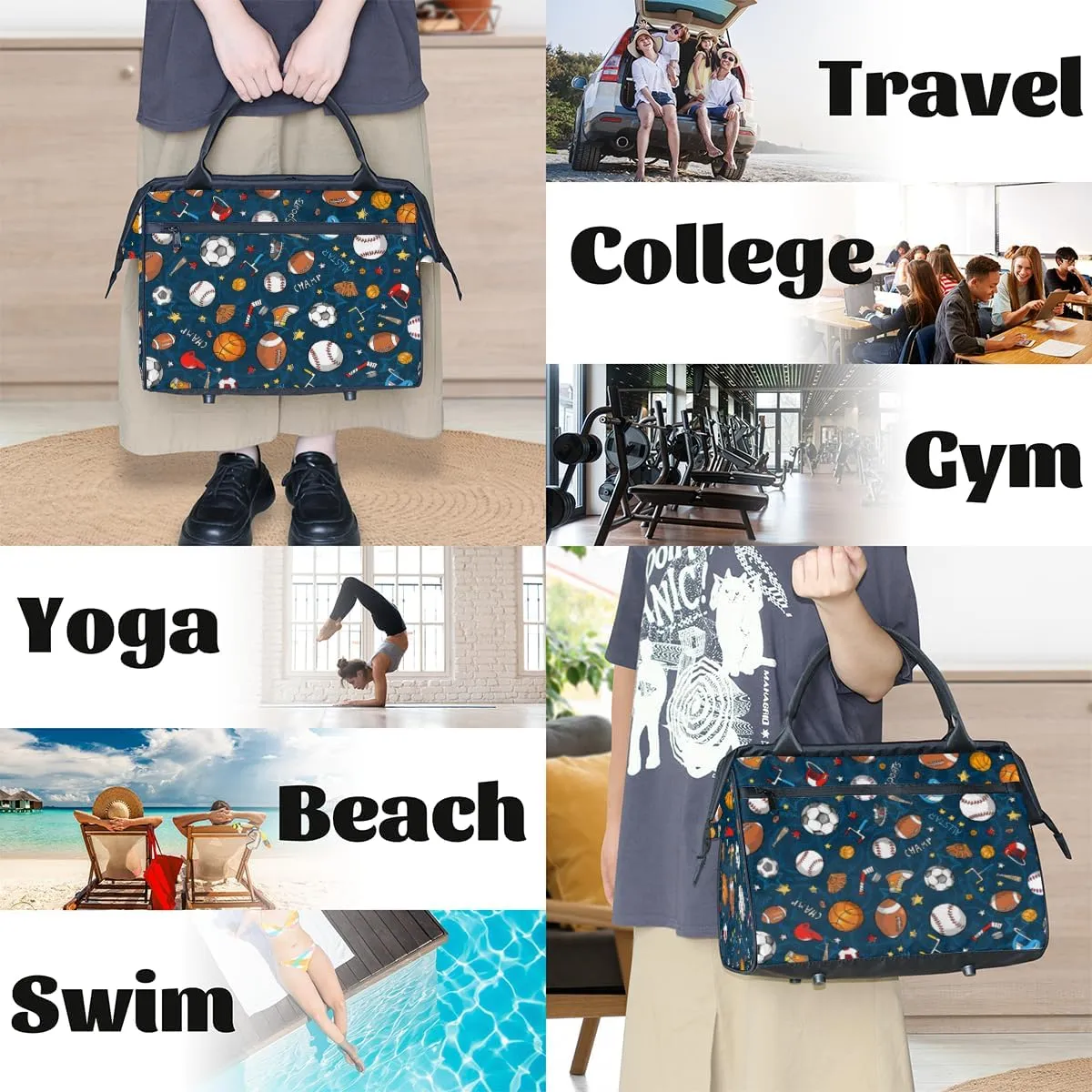 Cartoon Baseball Football Sport Weekender Overnight Bag for Women Waterproof Carry On Travel Duffle Bags with Pocket Lightweight Sports Gym Tote Bag Large Luggage Workout Personal Item Hospital Bags