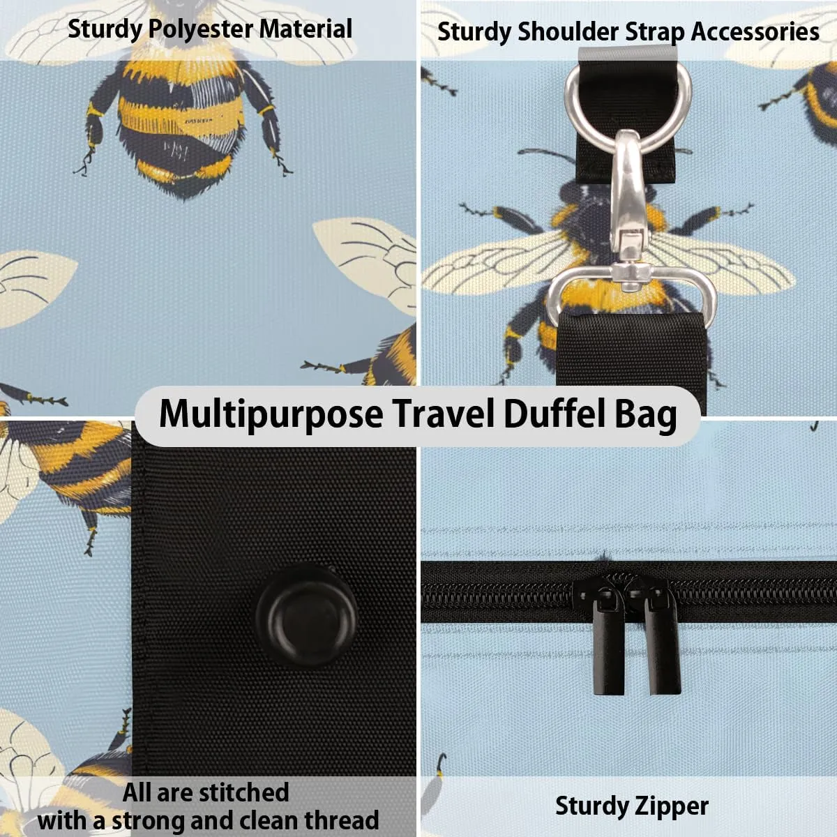 Cartoon Bee Travel Duffle Bag for Women Men Gym Duffel Foldable Bag Waterproof Weekender Kawaii Animal Duffle Tote