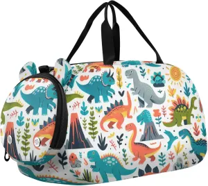 Cartoon Dinosaurs Duffle Bag for Girl, Sports Duffle Gym Bags with Shoe Compartment, Personalized Overnight Bag Travel Weekender for Kids