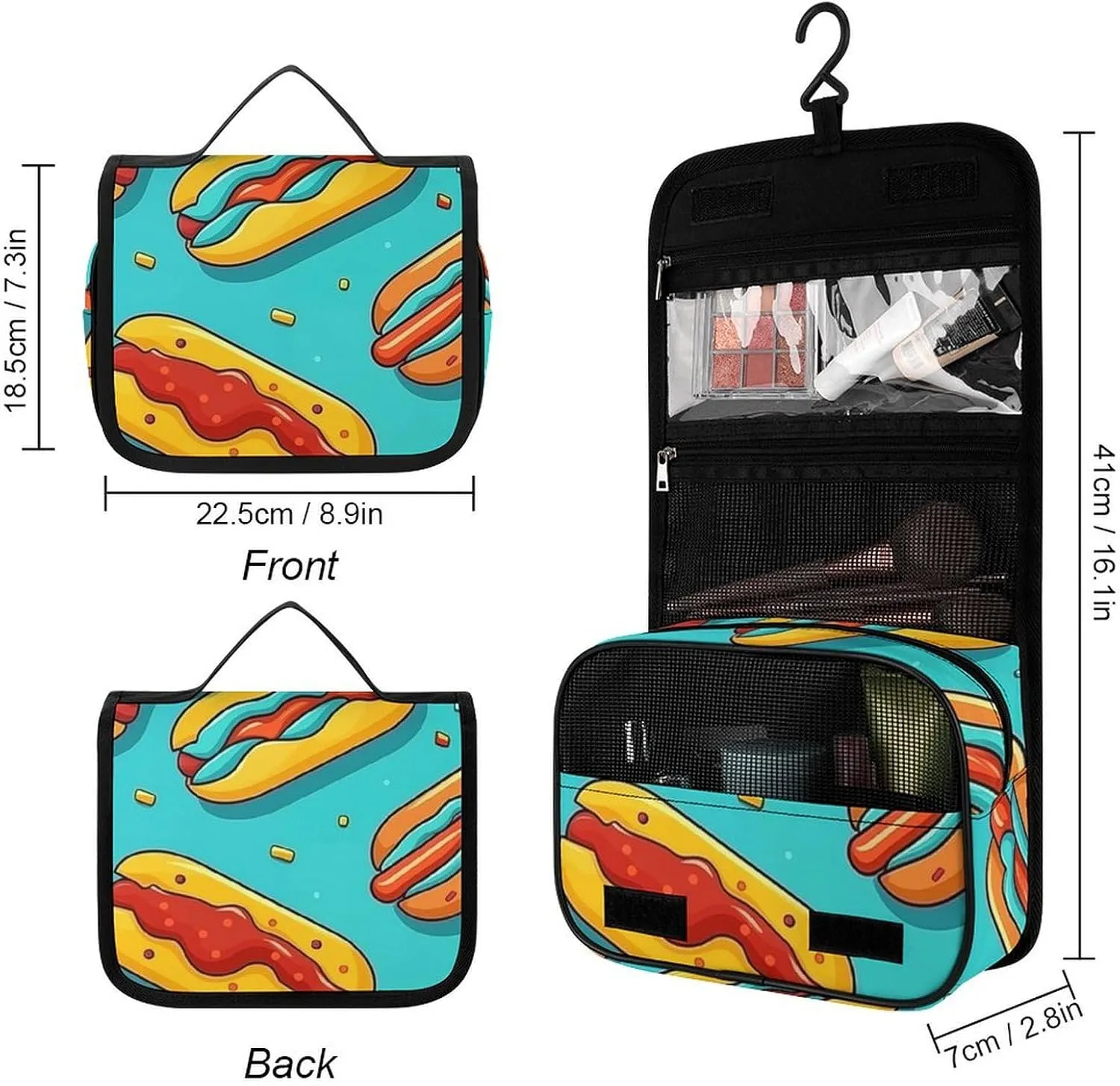 Cartoon Hot Dog Pattern Travel Toiletry Bag for Women, Portable Hanging Makeup Organizer for Full-Sized Shampoo,Conditioner,Brushes,Travel Essentials