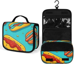 Cartoon Hot Dog Pattern Travel Toiletry Bag for Women, Portable Hanging Makeup Organizer for Full-Sized Shampoo,Conditioner,Brushes,Travel Essentials