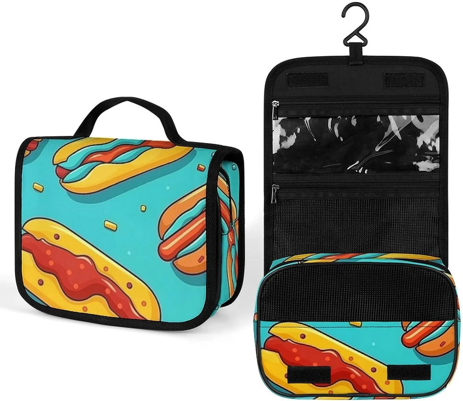 Cartoon Hot Dog Pattern Travel Toiletry Bag for Women, Portable Hanging Makeup Organizer for Full-Sized Shampoo,Conditioner,Brushes,Travel Essentials
