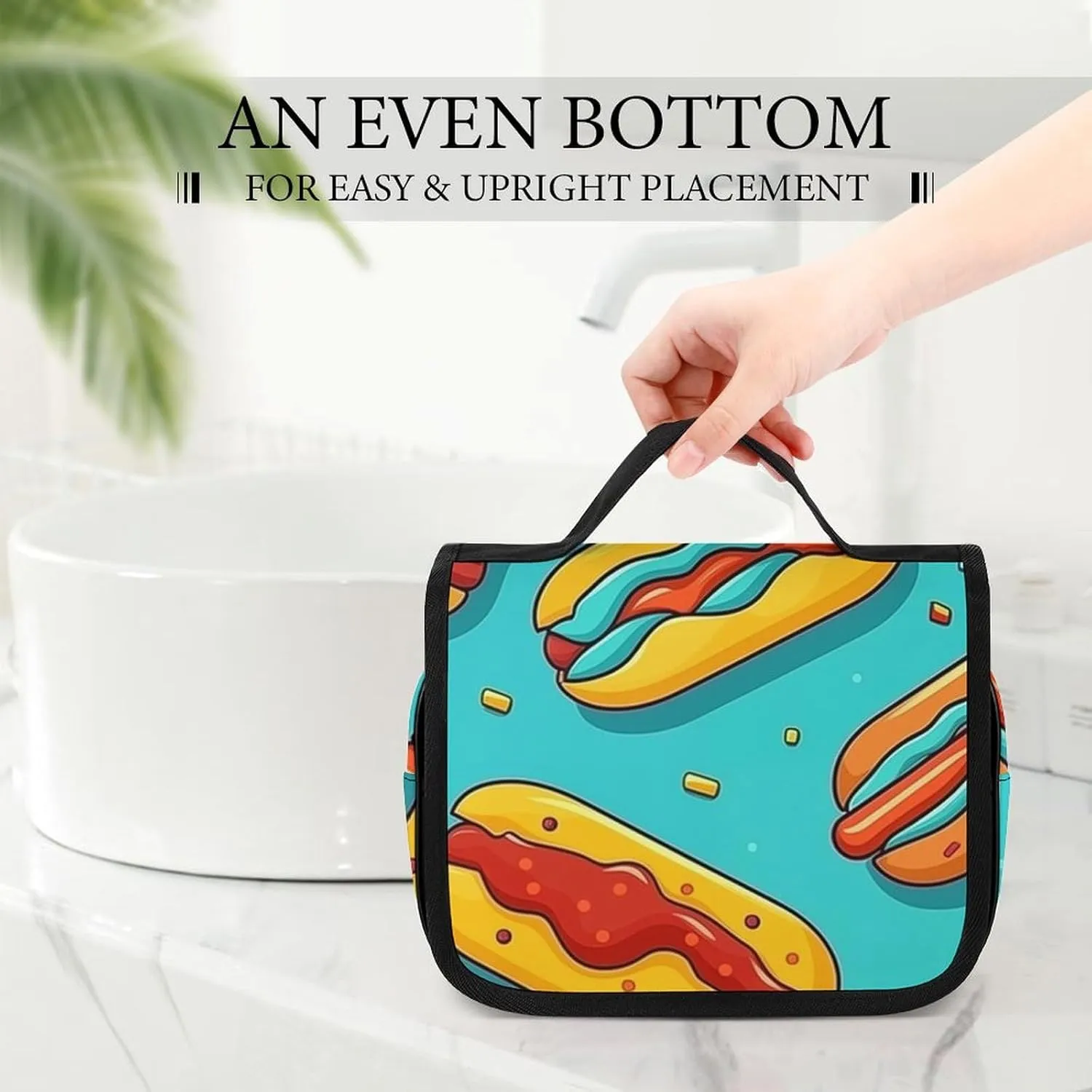 Cartoon Hot Dog Pattern Travel Toiletry Bag for Women, Portable Hanging Makeup Organizer for Full-Sized Shampoo,Conditioner,Brushes,Travel Essentials