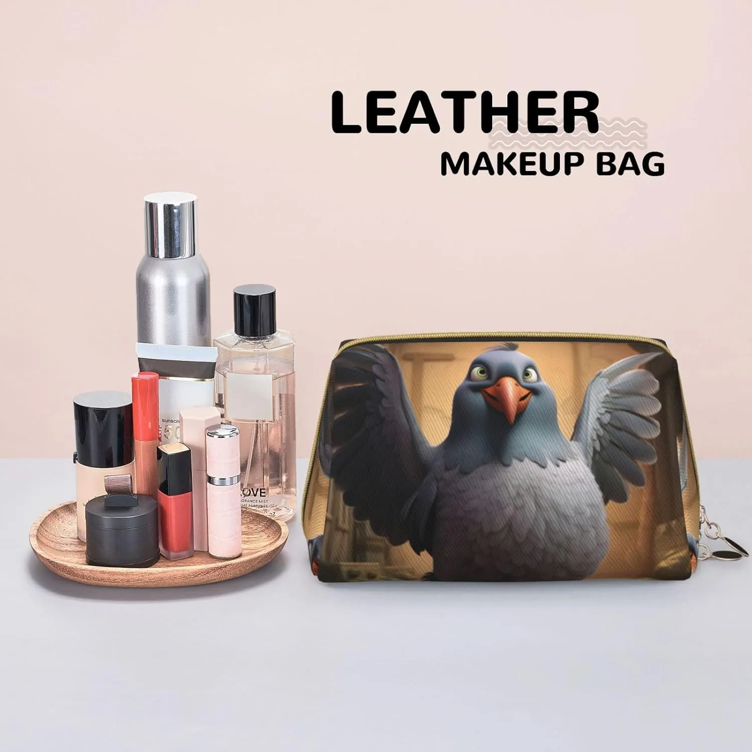 Cartoon Pigeon 1 Leather Toiletry Travel Bag, Compact Makeup Organizer For Women