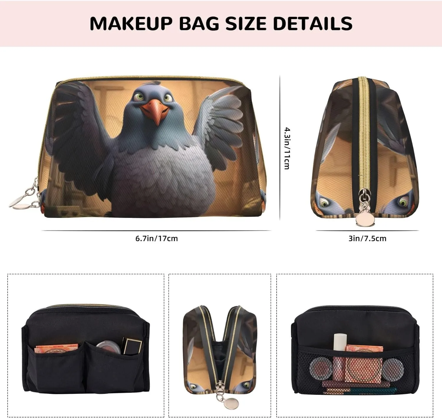 Cartoon Pigeon 1 Leather Toiletry Travel Bag, Compact Makeup Organizer For Women