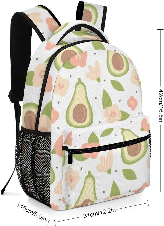 Casual Daypacks Backpacks Laptop Backpack Cute Lovely Cartoon Summer Avocado Flowers Work Bussiness School Students Bookbag Travel Hiking Gym Bags Waterproof Lightweight Women Men 16.5x12x6 Inch