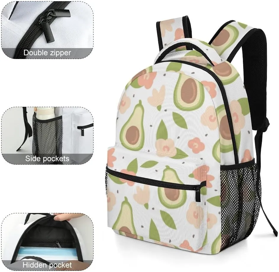Casual Daypacks Backpacks Laptop Backpack Cute Lovely Cartoon Summer Avocado Flowers Work Bussiness School Students Bookbag Travel Hiking Gym Bags Waterproof Lightweight Women Men 16.5x12x6 Inch