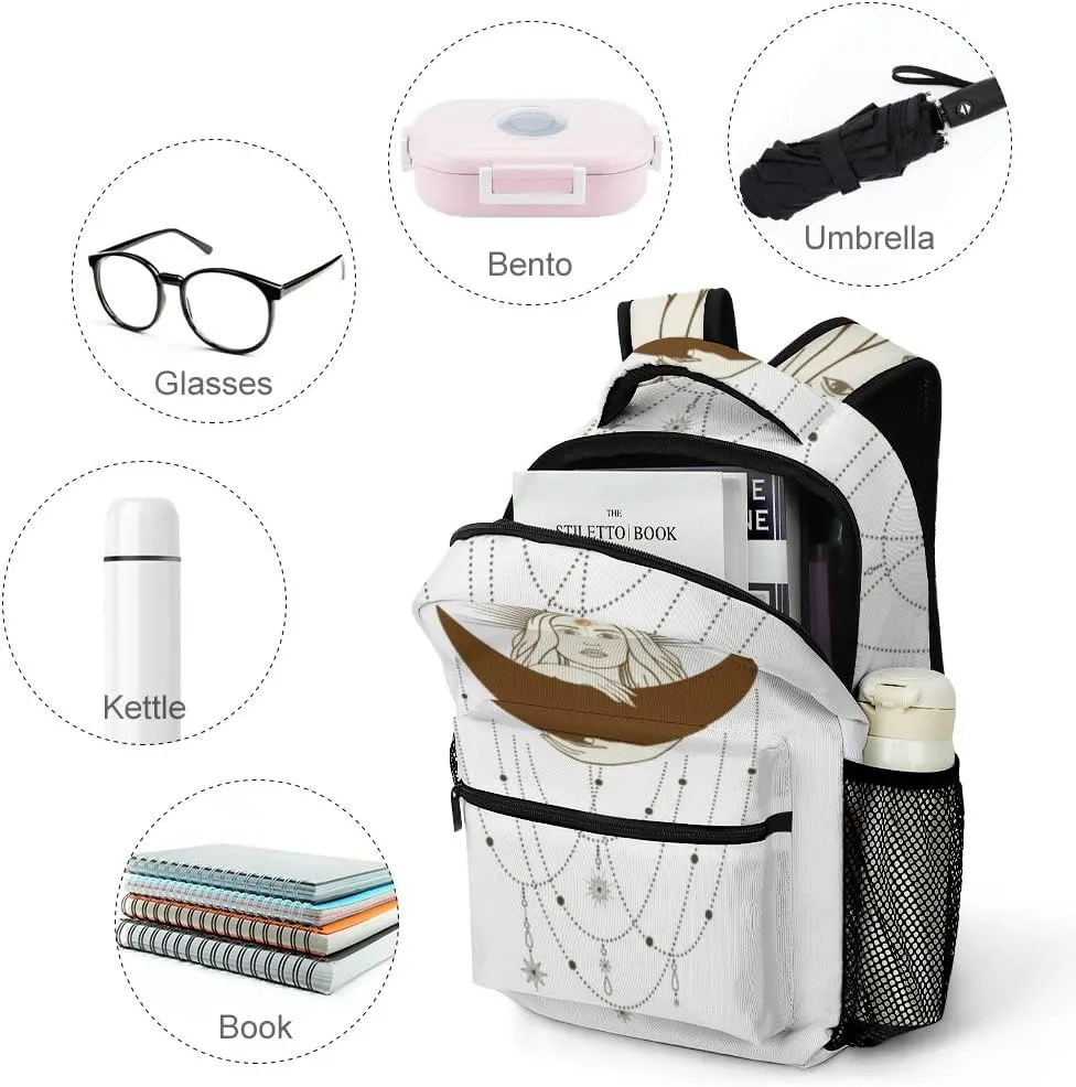 Casual Daypacks Backpacks Laptop Backpack Hand Drawn Mystical Woman Sun Moon Star Work Bussiness School Students Bookbag Travel Hiking Gym Bags Waterproof Lightweight Women Men 16.5x12x6 Inch