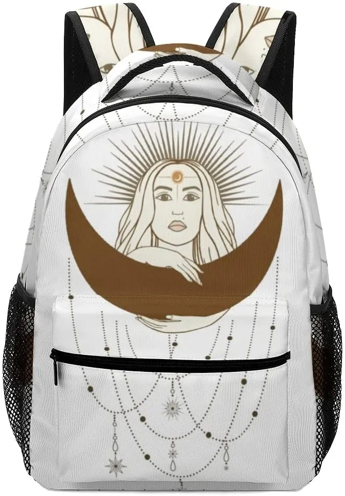 Casual Daypacks Backpacks Laptop Backpack Hand Drawn Mystical Woman Sun Moon Star Work Bussiness School Students Bookbag Travel Hiking Gym Bags Waterproof Lightweight Women Men 16.5x12x6 Inch
