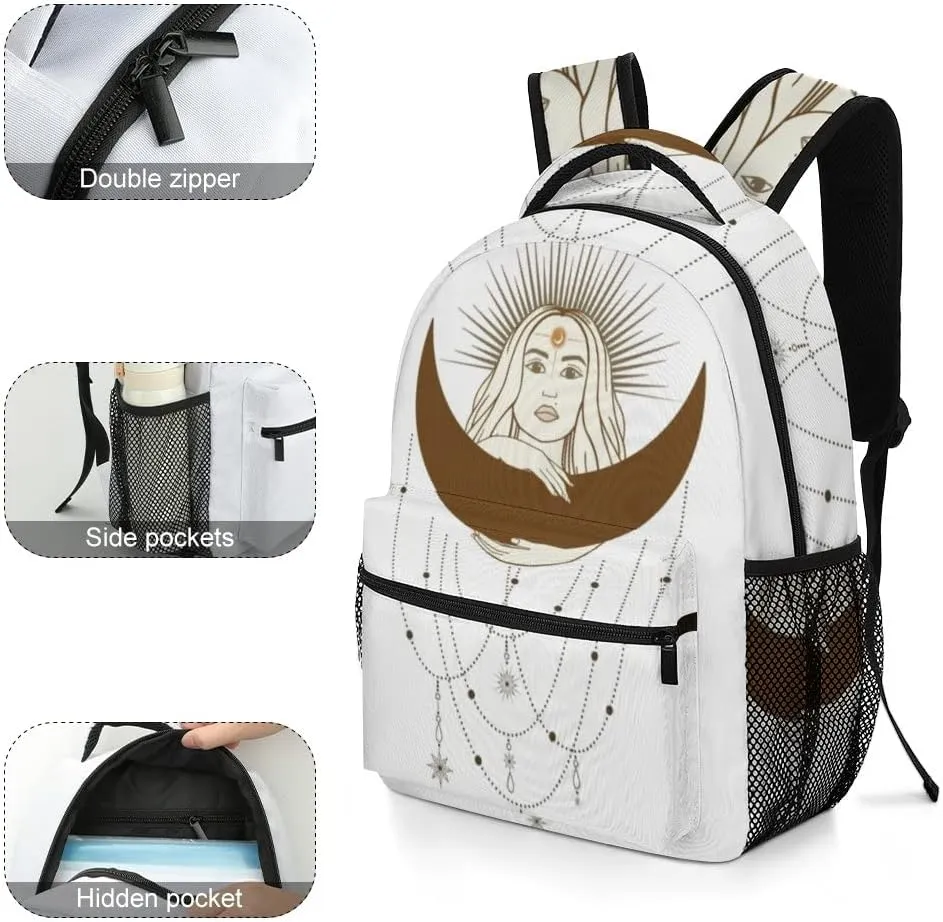 Casual Daypacks Backpacks Laptop Backpack Hand Drawn Mystical Woman Sun Moon Star Work Bussiness School Students Bookbag Travel Hiking Gym Bags Waterproof Lightweight Women Men 16.5x12x6 Inch