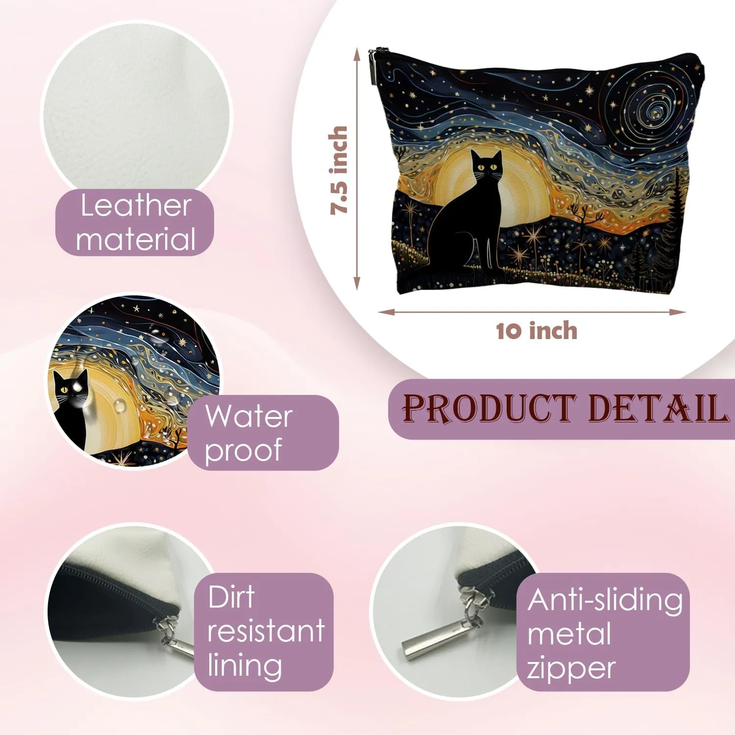 Cat Leather Makeup Bag for Women - Cat Mom & Lover Gifts, Cosmetic Bag for Girls