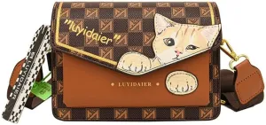 Cat Messenger Bag Women's Aesthetics Checkerboard Shoulder Bag, Mini Square Crossbody Purse Trendy Cartoon Sling Bag