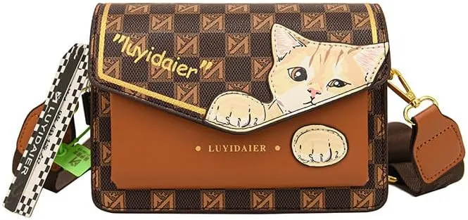 Cat Messenger Bag Women's Aesthetics Checkerboard Shoulder Bag, Mini Square Crossbody Purse Trendy Cartoon Sling Bag