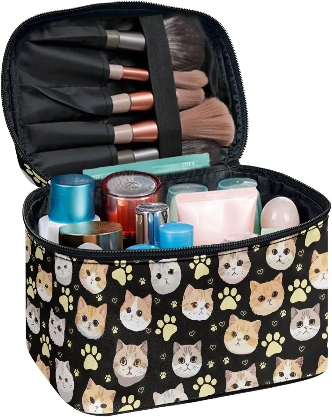 Cat Paw Makeup Cosmetic Bag for Women Girls Zipper Toiletry Bag Holder Large Capacity Brushes Organizer Case with Handle Easy to Clean for Weekend Getaways, Vacations