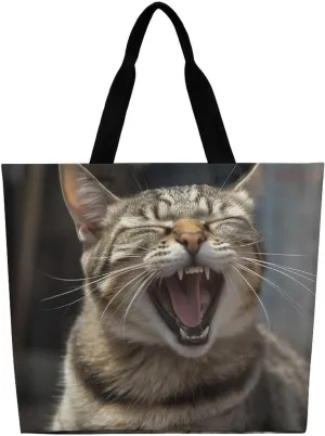 Cat with Open Mouth Tote Bag Large Women Casual Shoulder Bag Reusable Grocery Bag Fasion Handbag for Office Shopping Travel