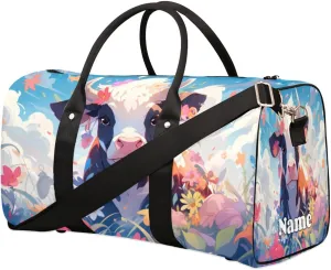 Cattle Summer Illustration Sports Tote Gym Duffel Bag Customized Name for Women & Men,Waterproof Beach Bag Foldable Personal Item Travel Bag for Weekender Overnight Dance Carry-On Bag