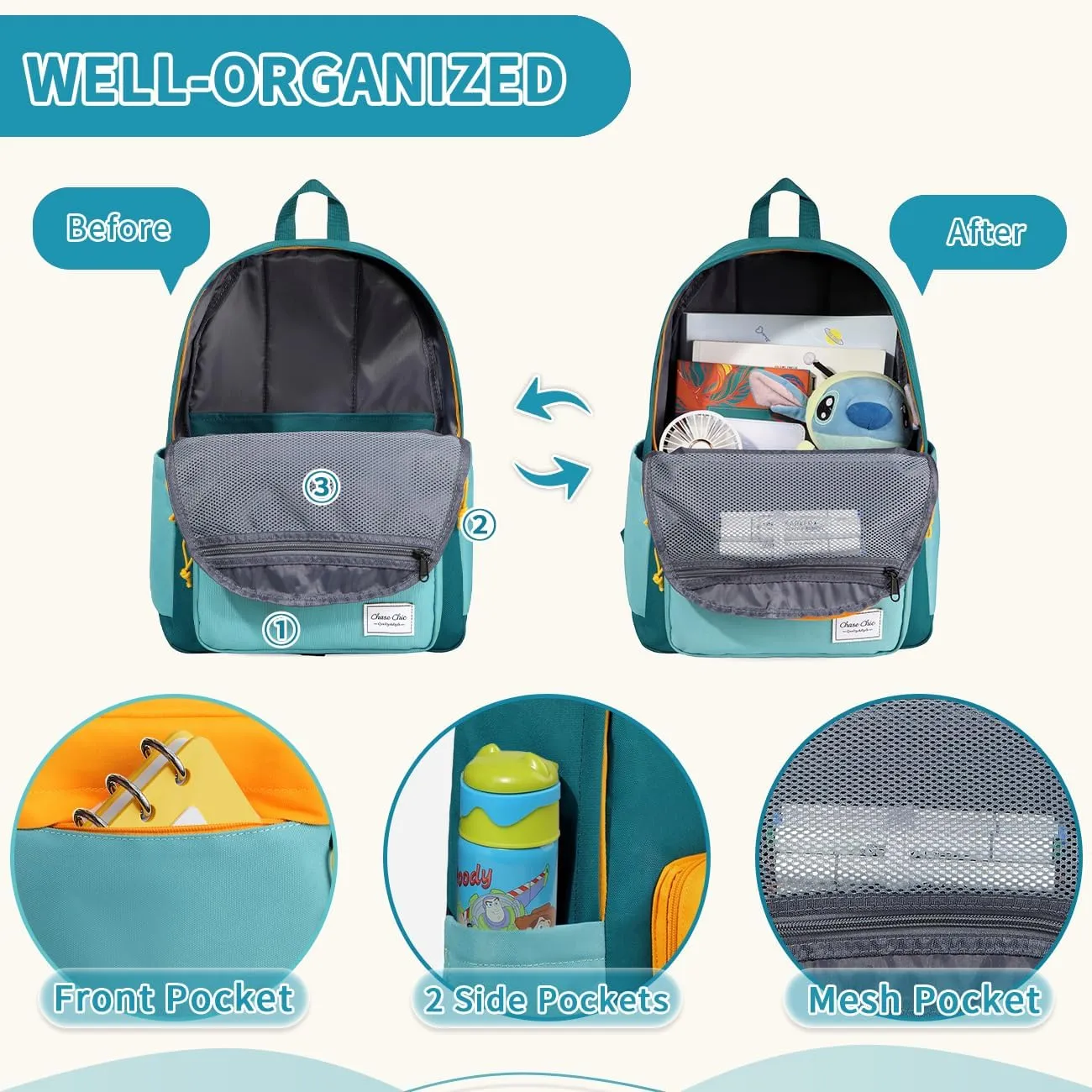 Chase Chic Kids Backpack for Boys - 17 inch School Backpacks for Toddler Girls Fits 6 to 12 Years Old - Lightweight Water Resistant Preschool Bookbag for Travel Daycare (Green Blue)