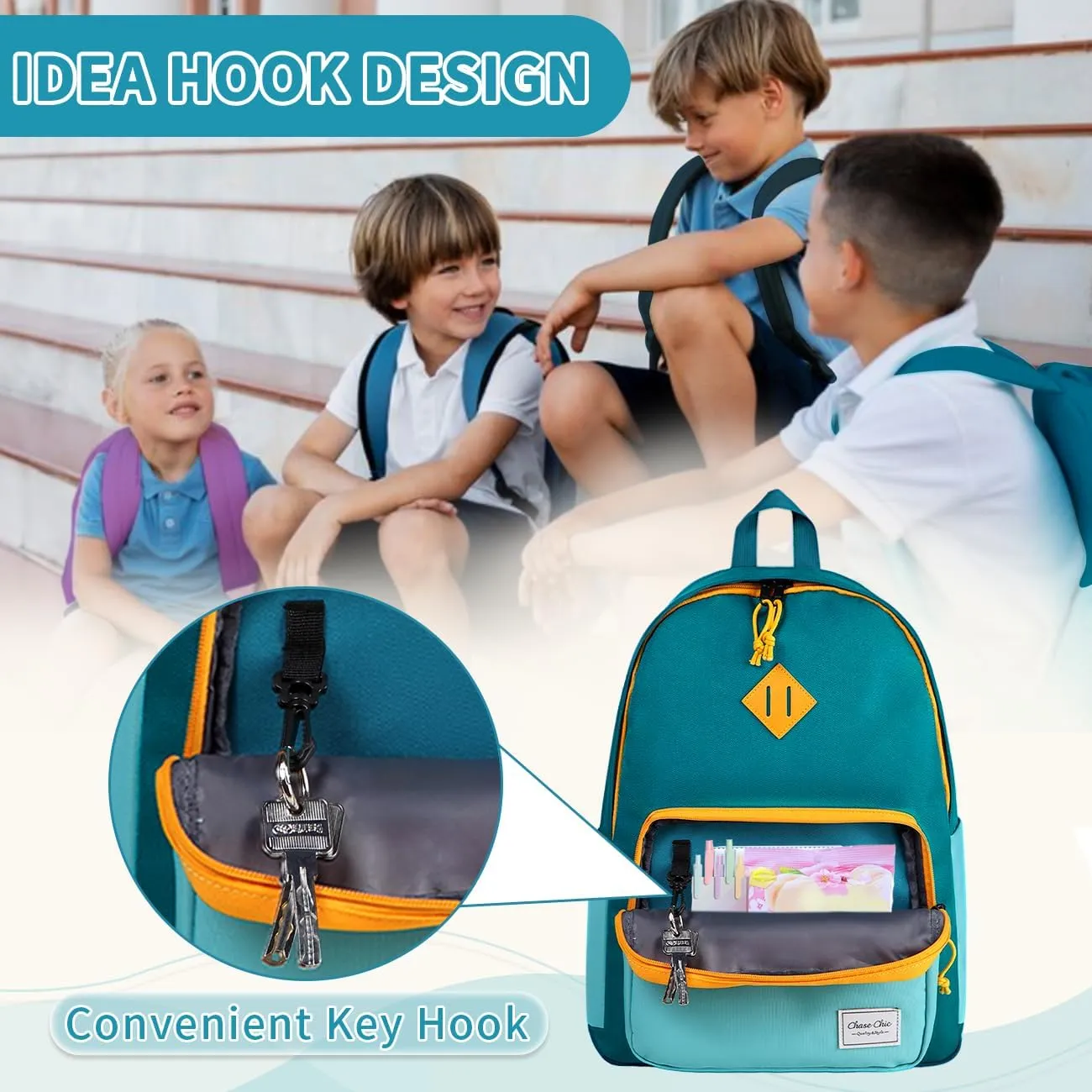 Chase Chic Kids Backpack for Boys - 17 inch School Backpacks for Toddler Girls Fits 6 to 12 Years Old - Lightweight Water Resistant Preschool Bookbag for Travel Daycare (Green Blue)