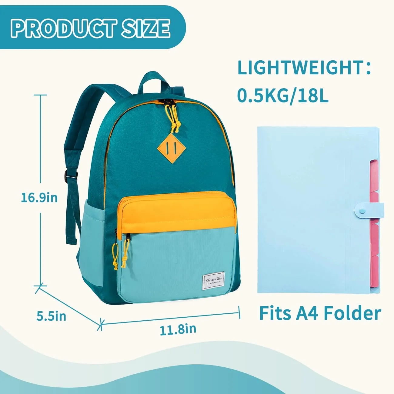 Chase Chic Kids Backpack for Boys - 17 inch School Backpacks for Toddler Girls Fits 6 to 12 Years Old - Lightweight Water Resistant Preschool Bookbag for Travel Daycare (Green Blue)