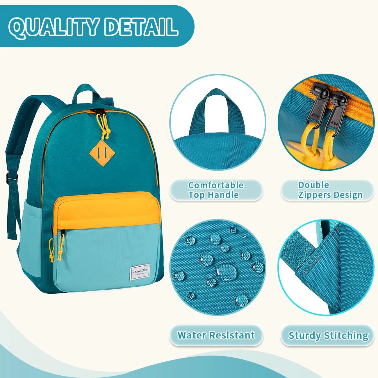 Chase Chic Kids Backpack for Boys - 17 inch School Backpacks for Toddler Girls Fits 6 to 12 Years Old - Lightweight Water Resistant Preschool Bookbag for Travel Daycare (Green Blue)
