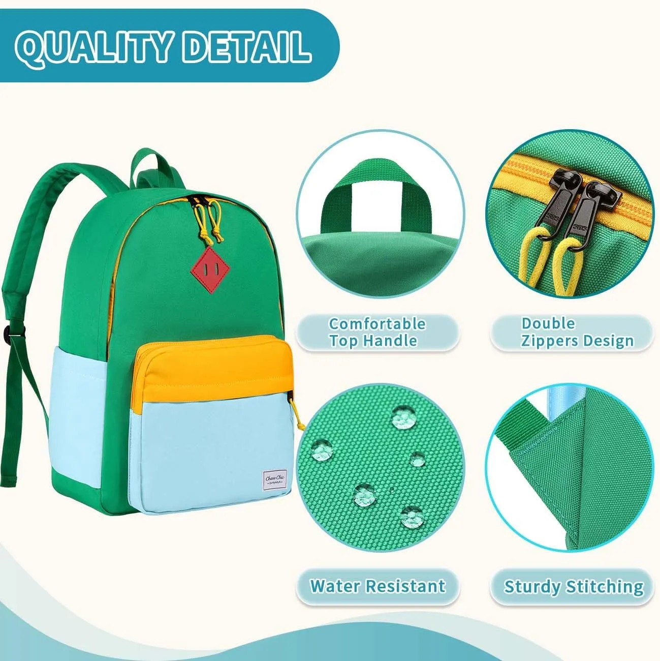 Chase Chic Kids Backpack for Girls - 17 inch School Backpacks for Toddler Fits 6 to 12 Years Old - Lightweight Water Resistant Preschool Bookbag for Travel Daycare (Green Light Blue)