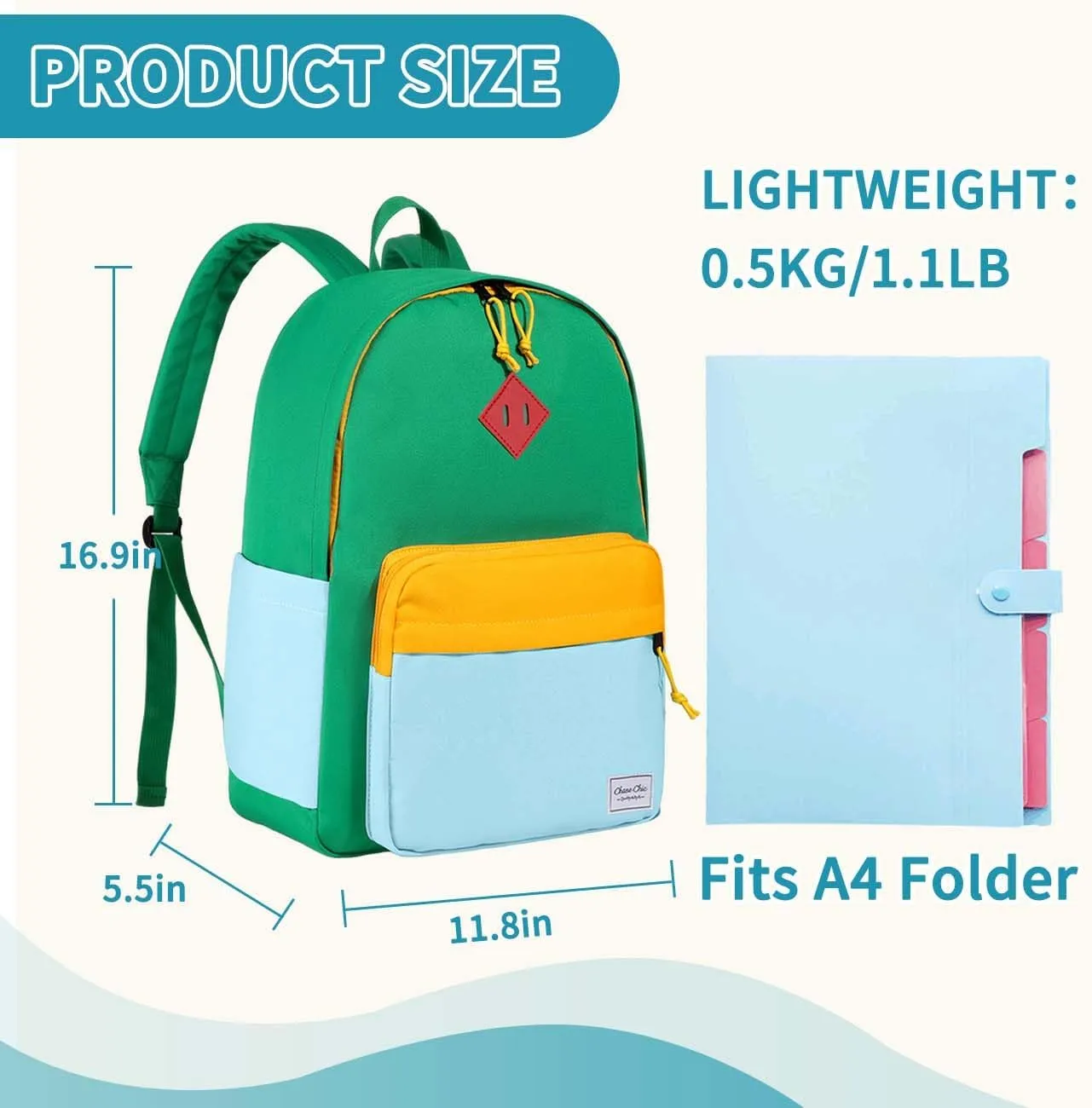 Chase Chic Kids Backpack for Girls - 17 inch School Backpacks for Toddler Fits 6 to 12 Years Old - Lightweight Water Resistant Preschool Bookbag for Travel Daycare (Green Light Blue)