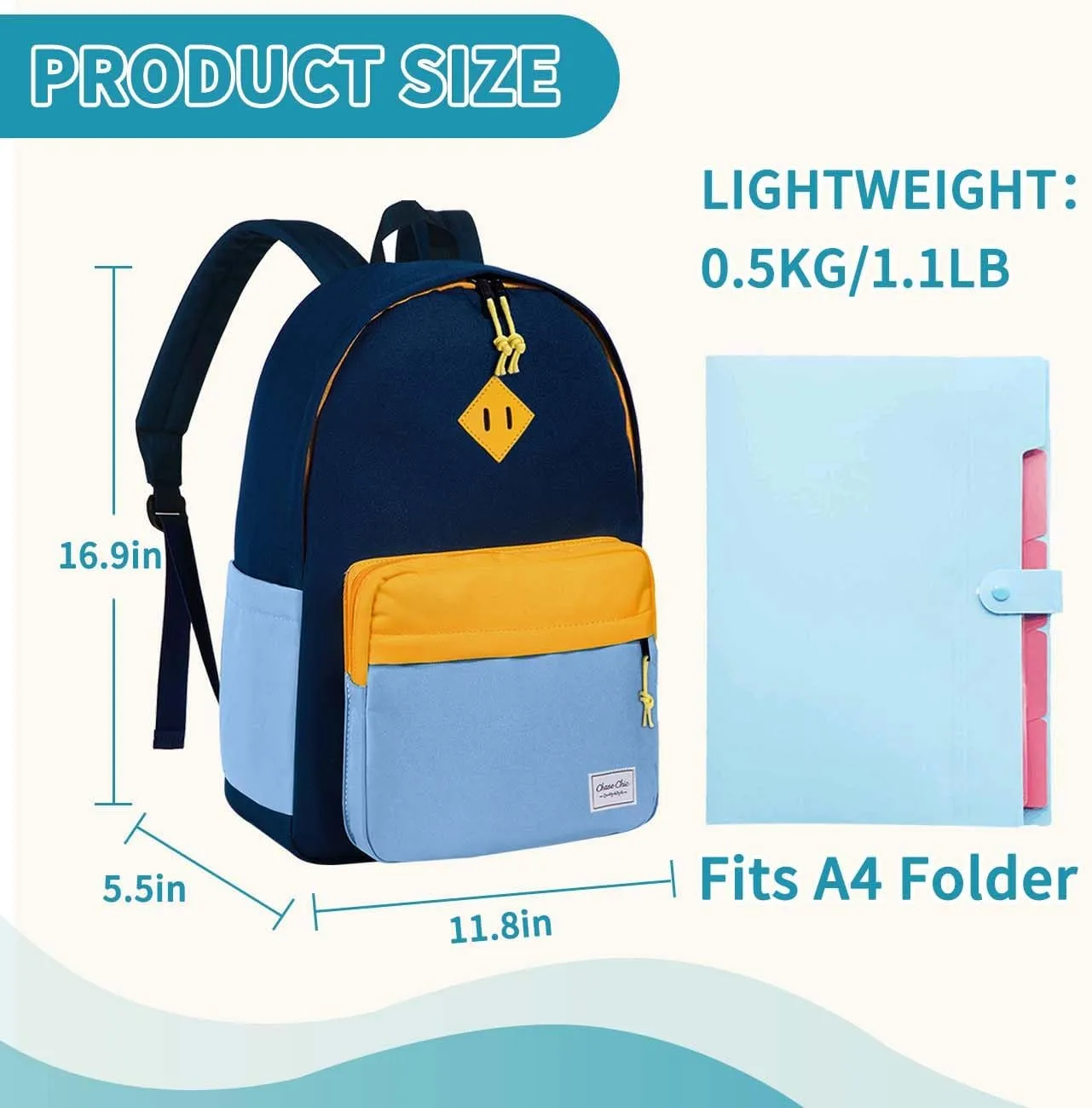 Chase Chic Kids Backpack for Girls - 17 inch School Backpacks for Toddler Fits 6 to 12 Years Old - Lightweight Water Resistant Preschool Bookbag for Travel Daycare (Light Blue)