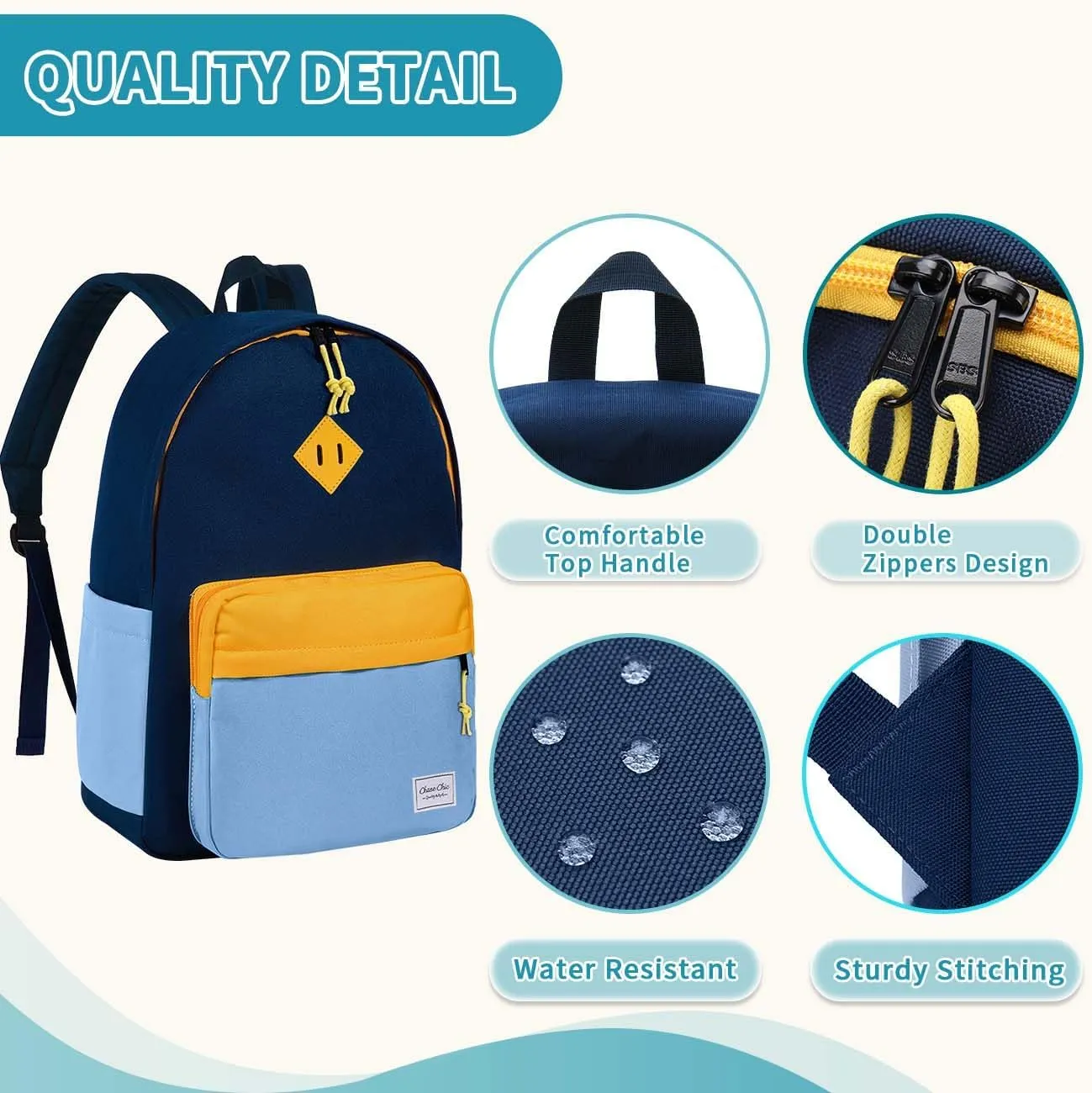 Chase Chic Kids Backpack for Girls - 17 inch School Backpacks for Toddler Fits 6 to 12 Years Old - Lightweight Water Resistant Preschool Bookbag for Travel Daycare (Light Blue)