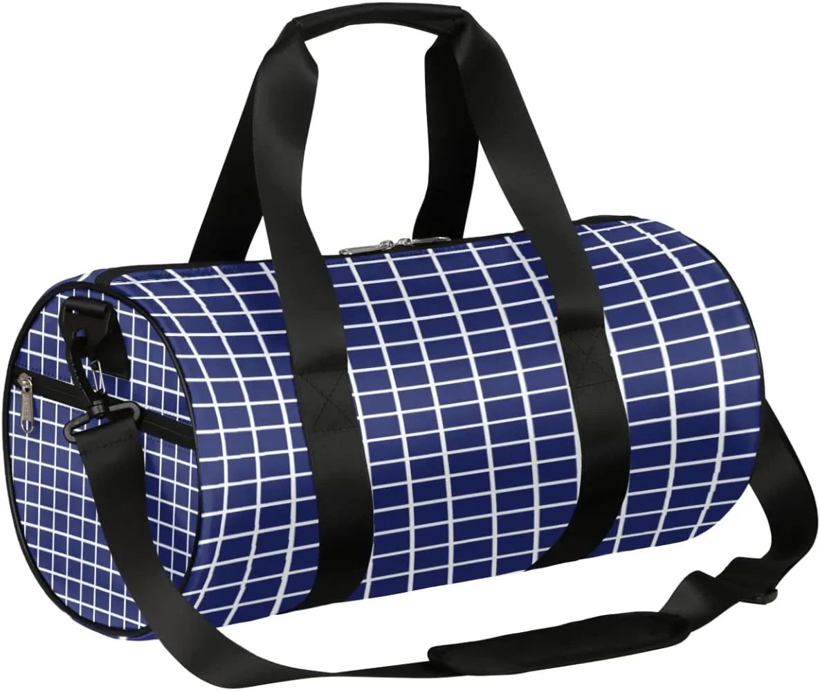 Checked Grid Blue Gym Bag Small Gym Duffel Bags for Men Women Overnight Weekender Bag Lightweight Sport Duffle Bag Carry On Gymbag