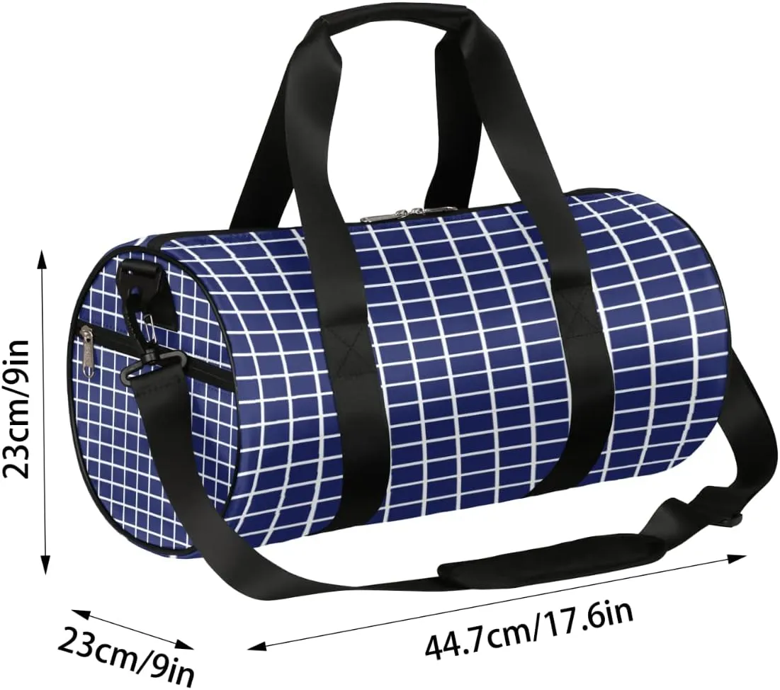 Checked Grid Blue Gym Bag Small Gym Duffel Bags for Men Women Overnight Weekender Bag Lightweight Sport Duffle Bag Carry On Gymbag