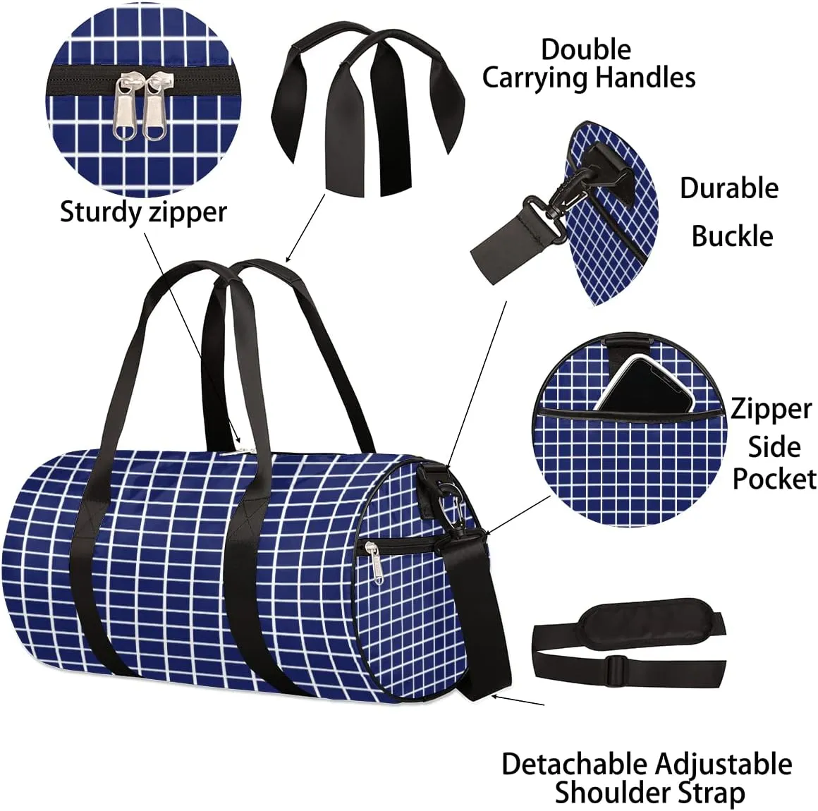 Checked Grid Blue Gym Bag Small Gym Duffel Bags for Men Women Overnight Weekender Bag Lightweight Sport Duffle Bag Carry On Gymbag