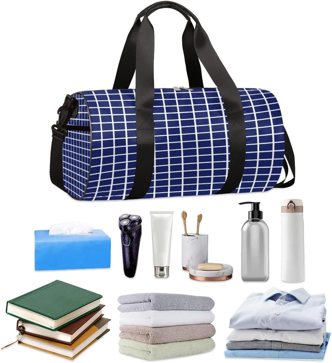 Checked Grid Blue Gym Bag Small Gym Duffel Bags for Men Women Overnight Weekender Bag Lightweight Sport Duffle Bag Carry On Gymbag
