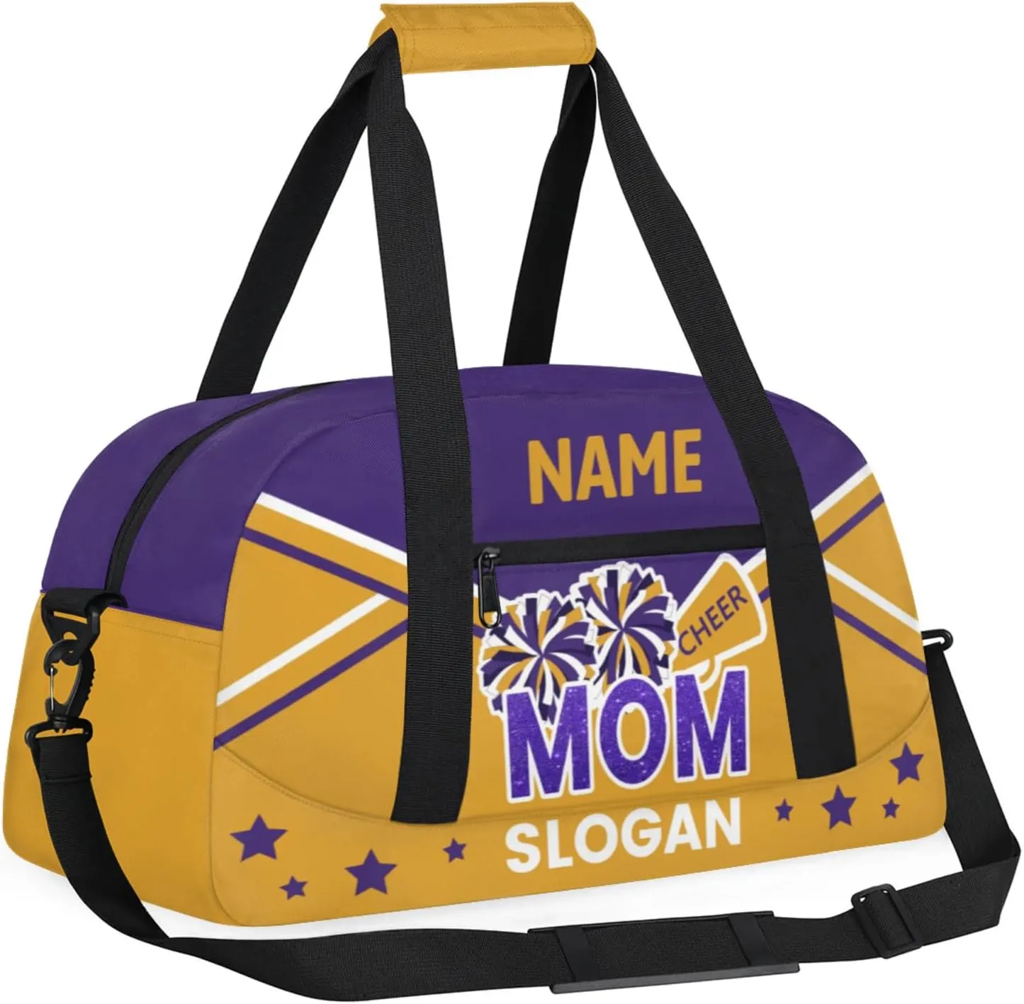 Cheer-Bags for Girls, Personalized Name Dance Gymnastics Ballet Sport Travel Duffel Bags for Cheerleader Kids with Custom Team Name for Overnight Weekender,Purple Yellow