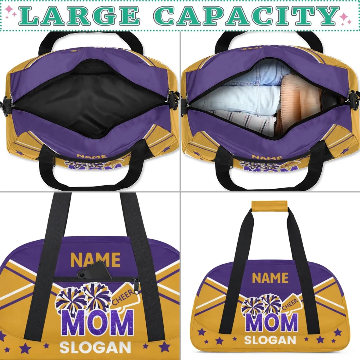 Cheer-Bags for Girls, Personalized Name Dance Gymnastics Ballet Sport Travel Duffel Bags for Cheerleader Kids with Custom Team Name for Overnight Weekender,Purple Yellow