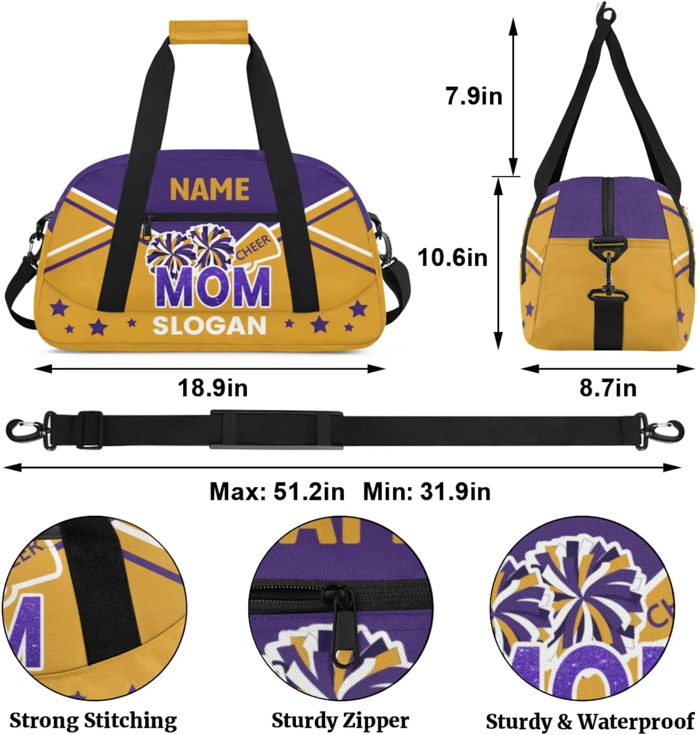 Cheer-Bags for Girls, Personalized Name Dance Gymnastics Ballet Sport Travel Duffel Bags for Cheerleader Kids with Custom Team Name for Overnight Weekender,Purple Yellow