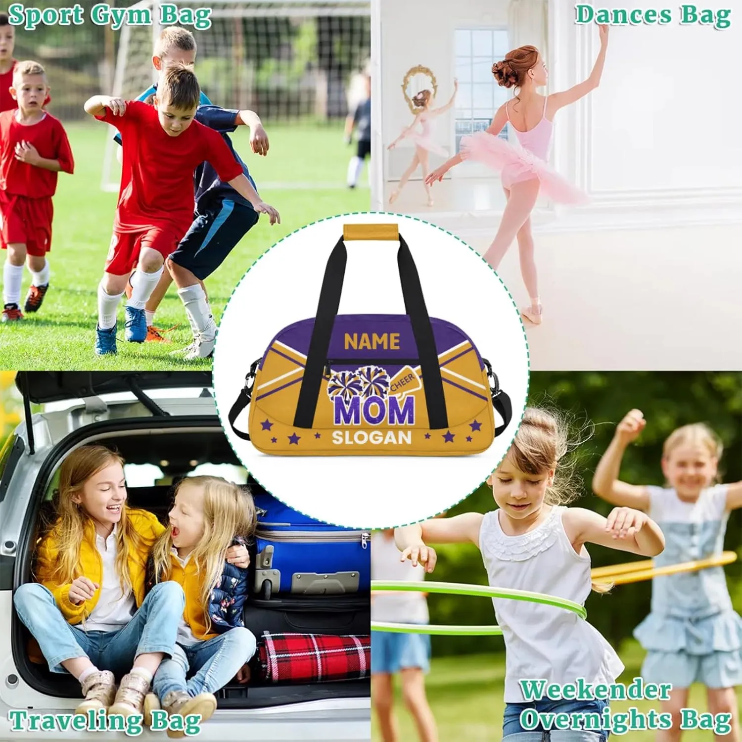 Cheer-Bags for Girls, Personalized Name Dance Gymnastics Ballet Sport Travel Duffel Bags for Cheerleader Kids with Custom Team Name for Overnight Weekender,Purple Yellow