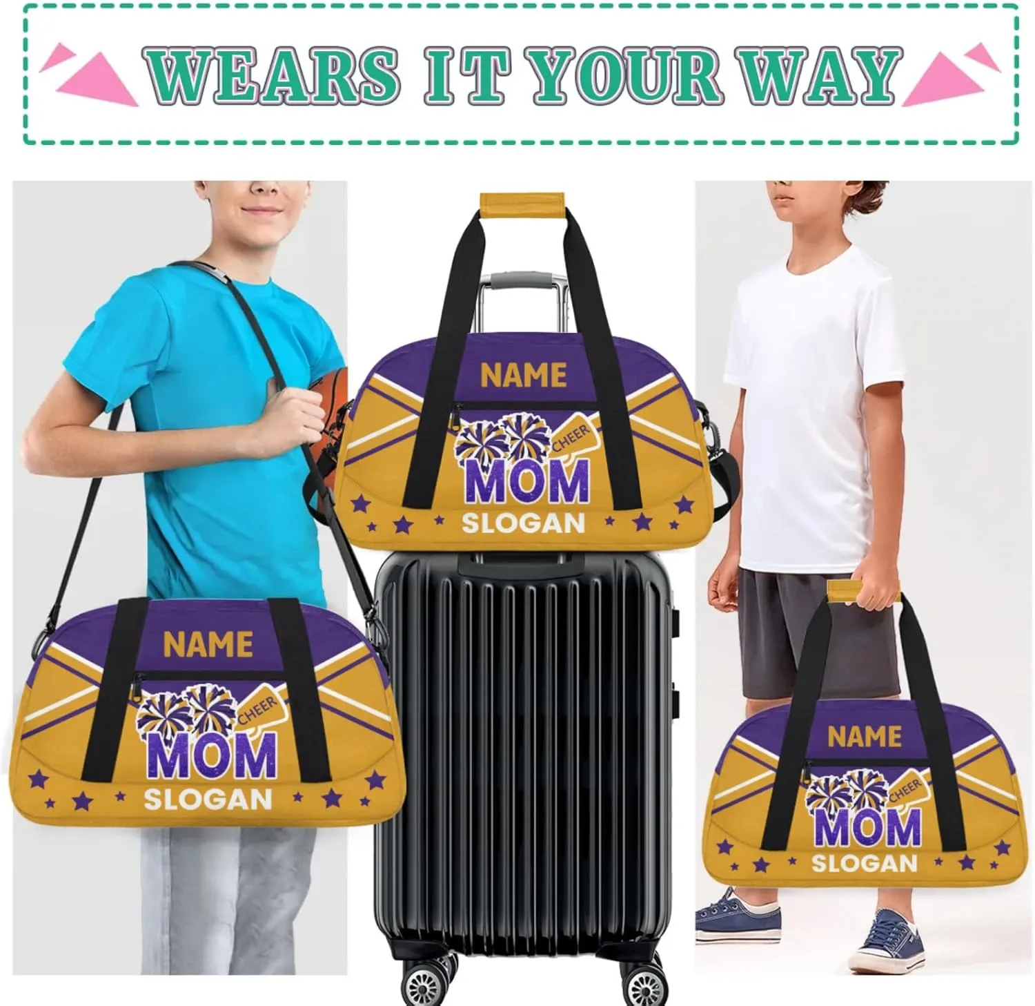 Cheer-Bags for Girls, Personalized Name Dance Gymnastics Ballet Sport Travel Duffel Bags for Cheerleader Kids with Custom Team Name for Overnight Weekender,Purple Yellow