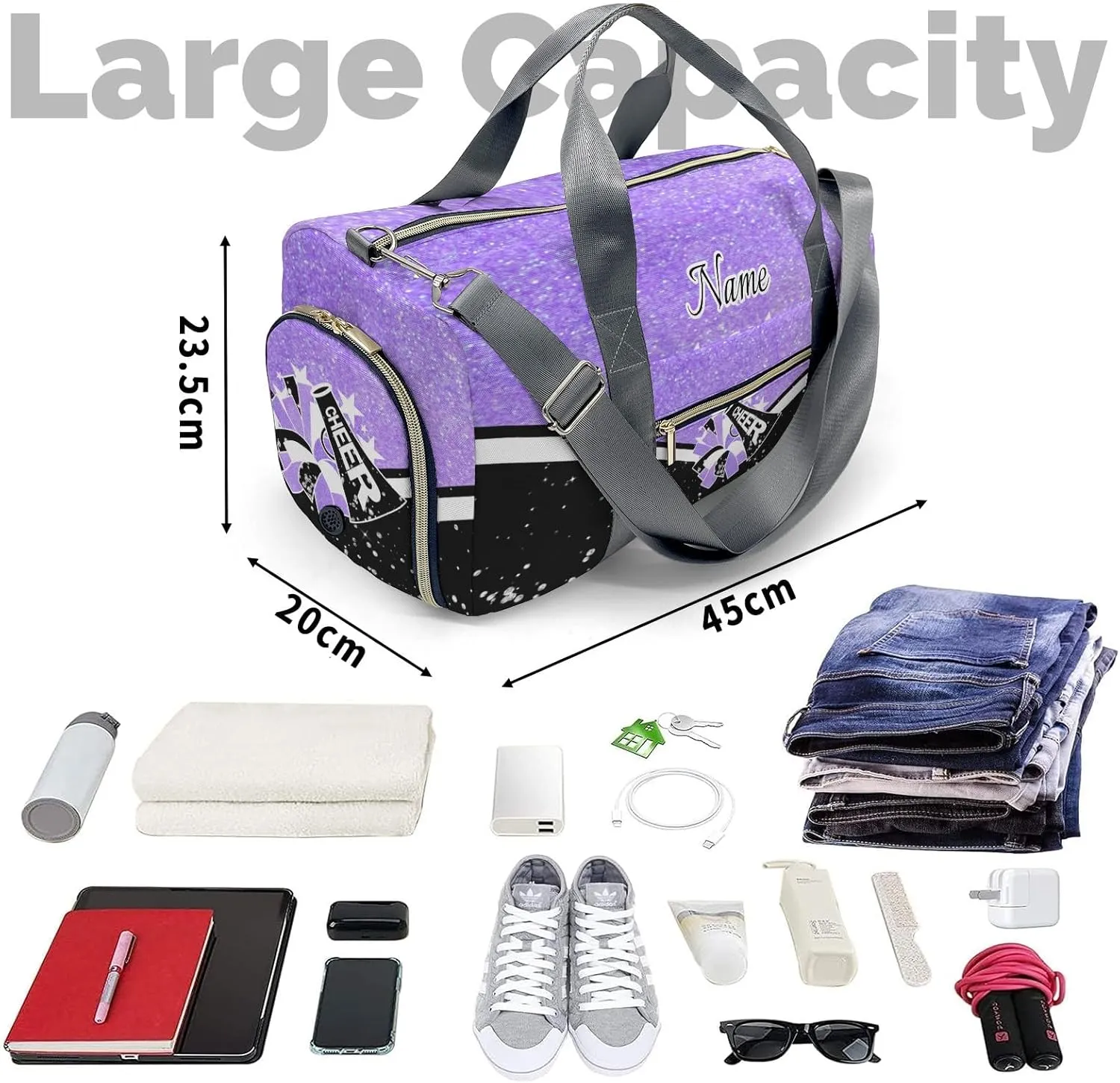 Cheer Cheerleader Personalized Duffel Bag Customized Yoga Sport Bags with Name Travel Duffel Bag Shoulder Bag Bright Purple Weekender Bags with Shoe Compartments