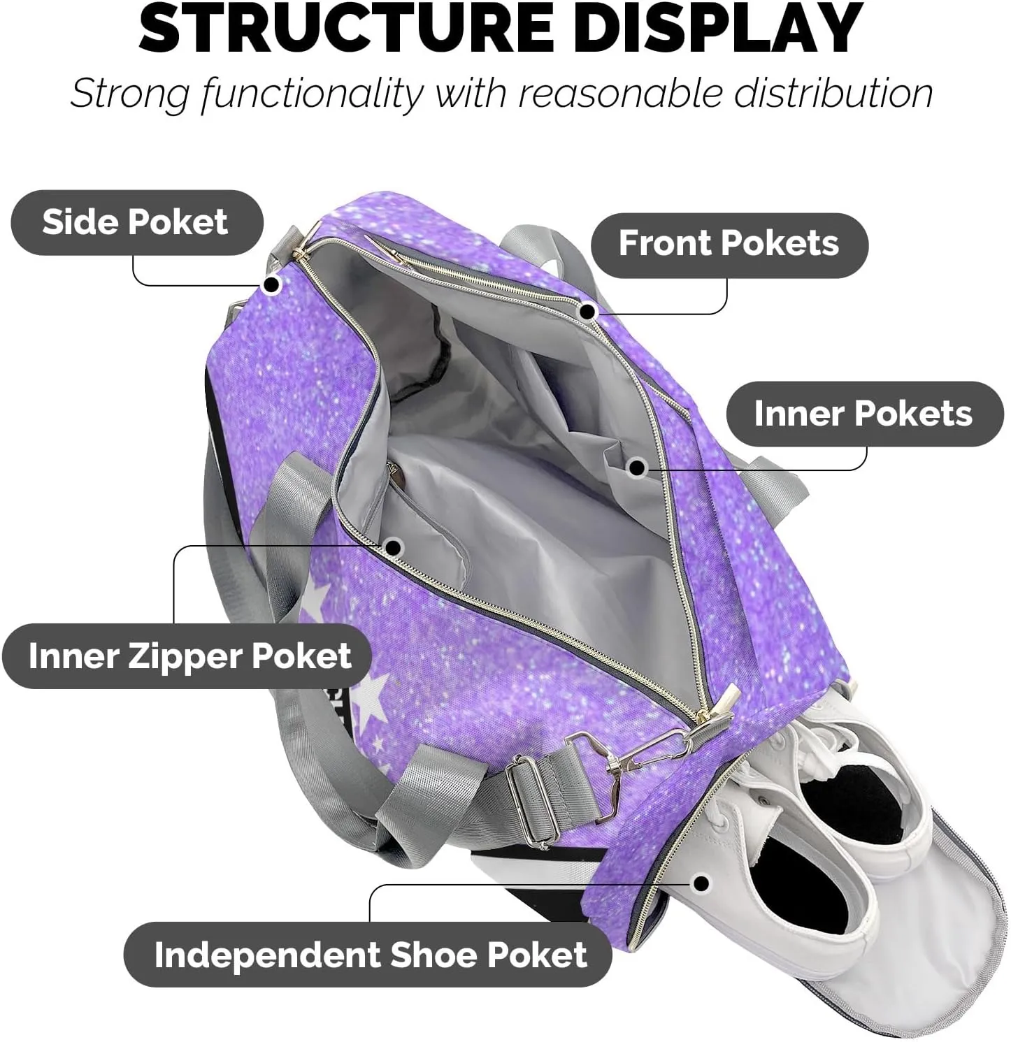 Cheer Cheerleader Personalized Duffel Bag Customized Yoga Sport Bags with Name Travel Duffel Bag Shoulder Bag Bright Purple Weekender Bags with Shoe Compartments