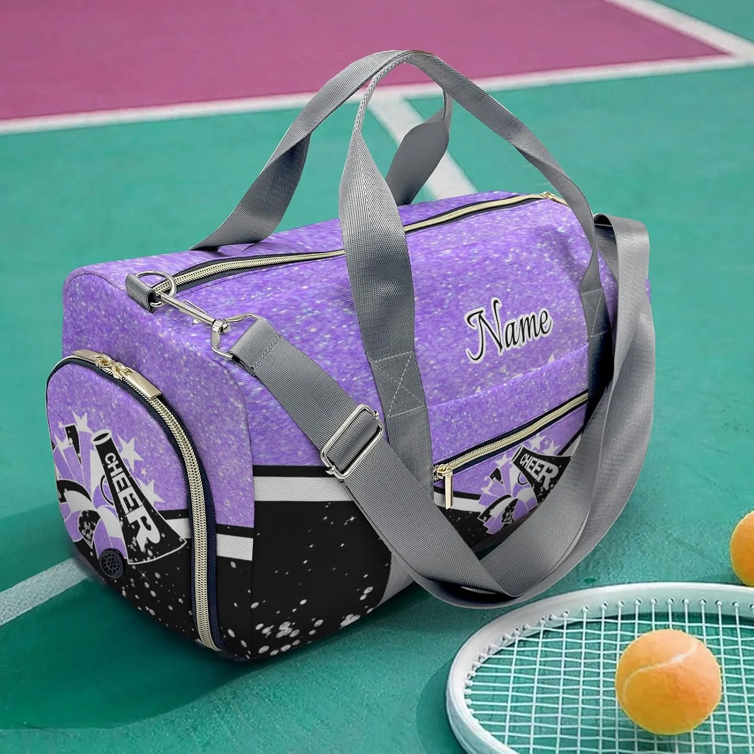 Cheer Cheerleader Personalized Duffel Bag Customized Yoga Sport Bags with Name Travel Duffel Bag Shoulder Bag Bright Purple Weekender Bags with Shoe Compartments