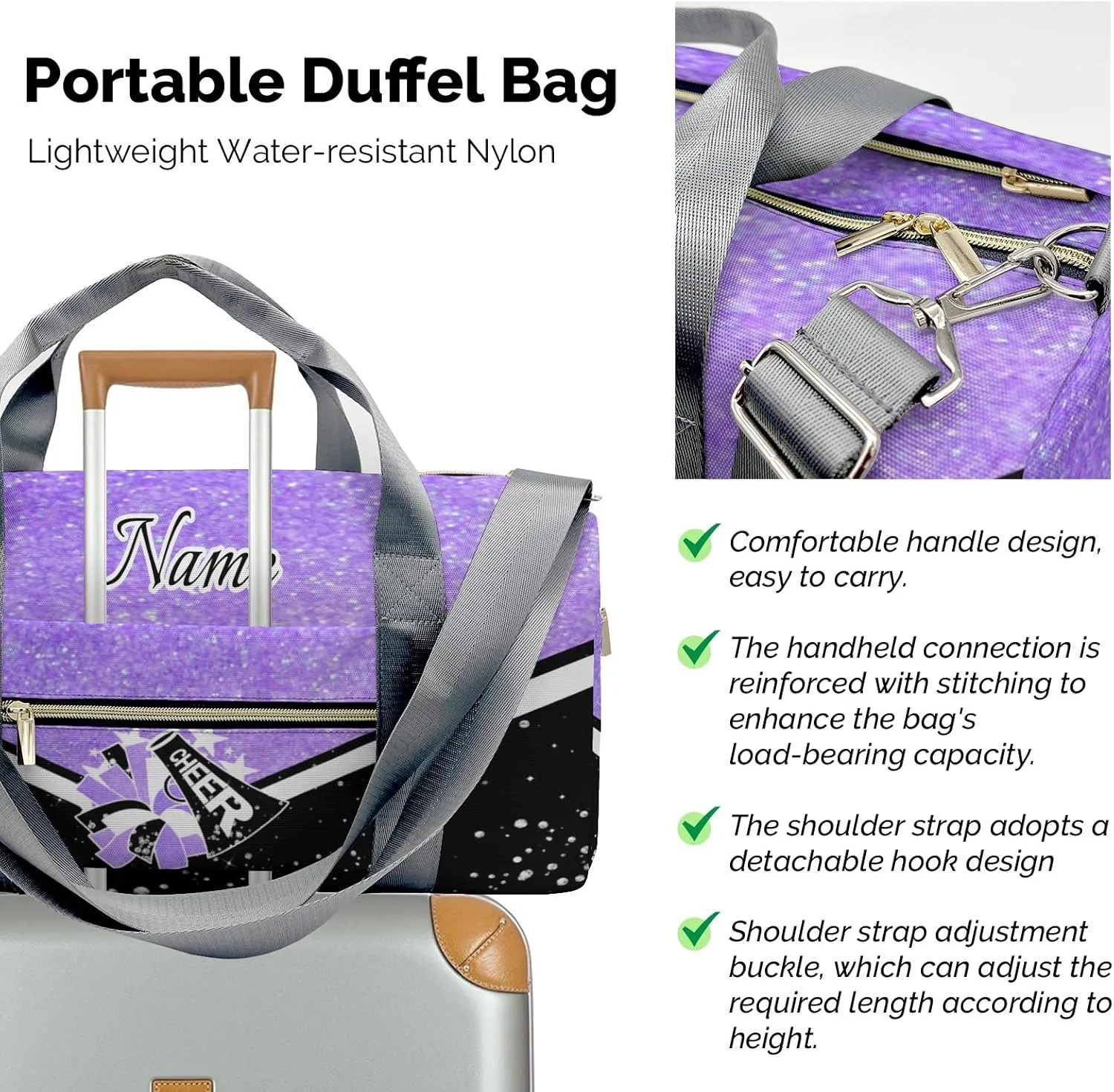 Cheer Cheerleader Personalized Duffel Bag Customized Yoga Sport Bags with Name Travel Duffel Bag Shoulder Bag Bright Purple Weekender Bags with Shoe Compartments