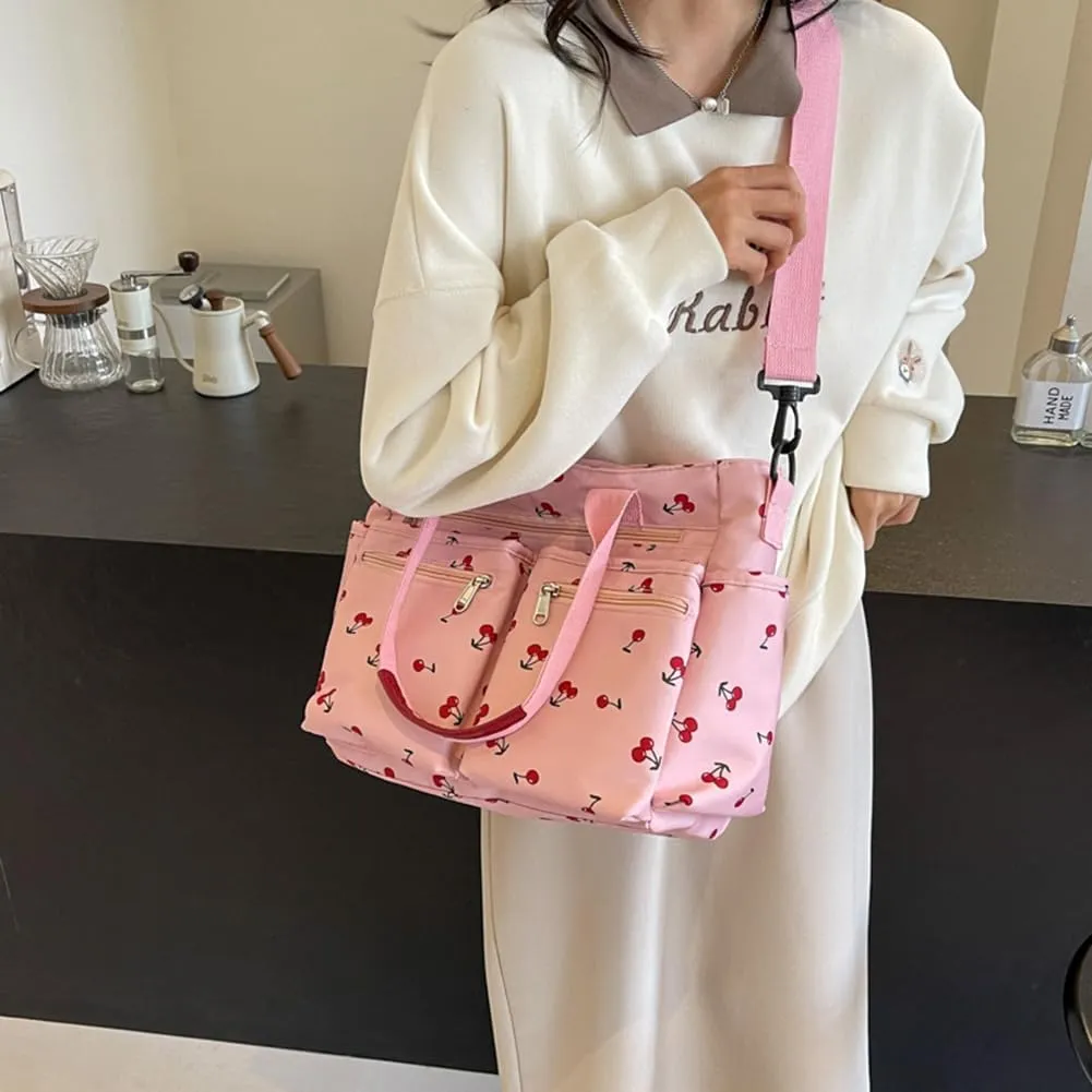 Cherry Tote Bags for Women - Coquette Handbag Large Capacity Cherry Crossbody Work Tote Purse Nylon Shoulder Bag