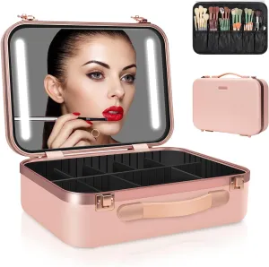 Chignon 13.5” X 9.5” Large Makeup Case with Lighted Up Mirror, Professional Travel Vanity Cosmetic Train Case, 3 Led Colors and Adjustable Brightness Makeup Bag Organizer for Women Girls
