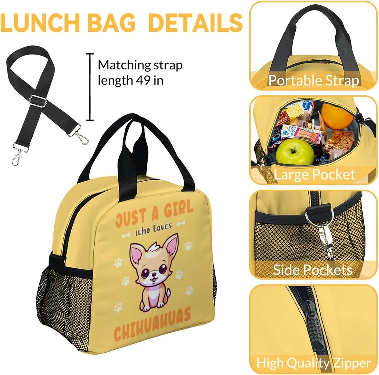 Chihuahua Backpack with Lunch Box, Set of 3 School Backpacks Matching Combo, Cute Yellow Bookbag and Pencil Case Bundle