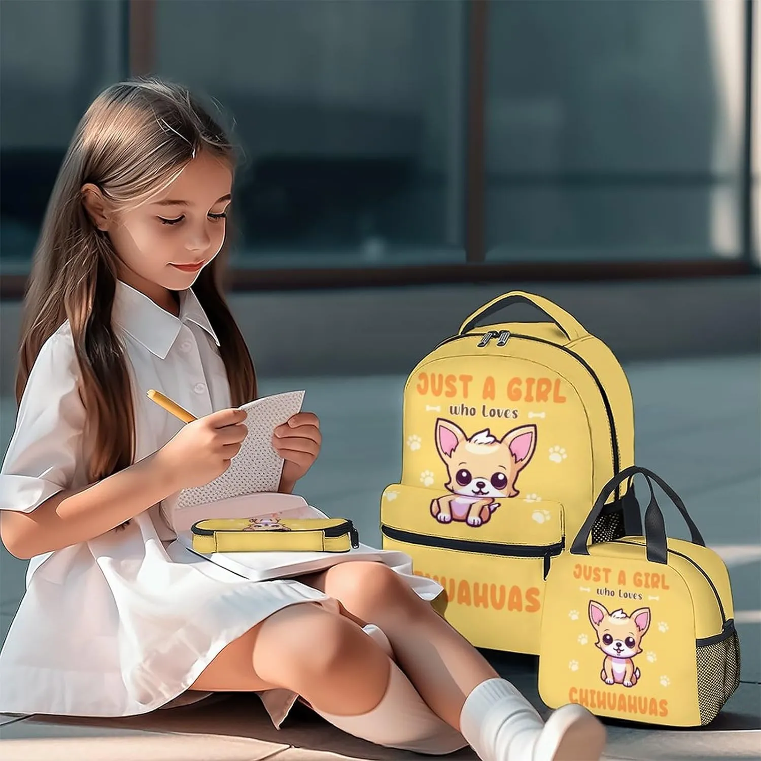 Chihuahua Backpack with Lunch Box, Set of 3 School Backpacks Matching Combo, Cute Yellow Bookbag and Pencil Case Bundle