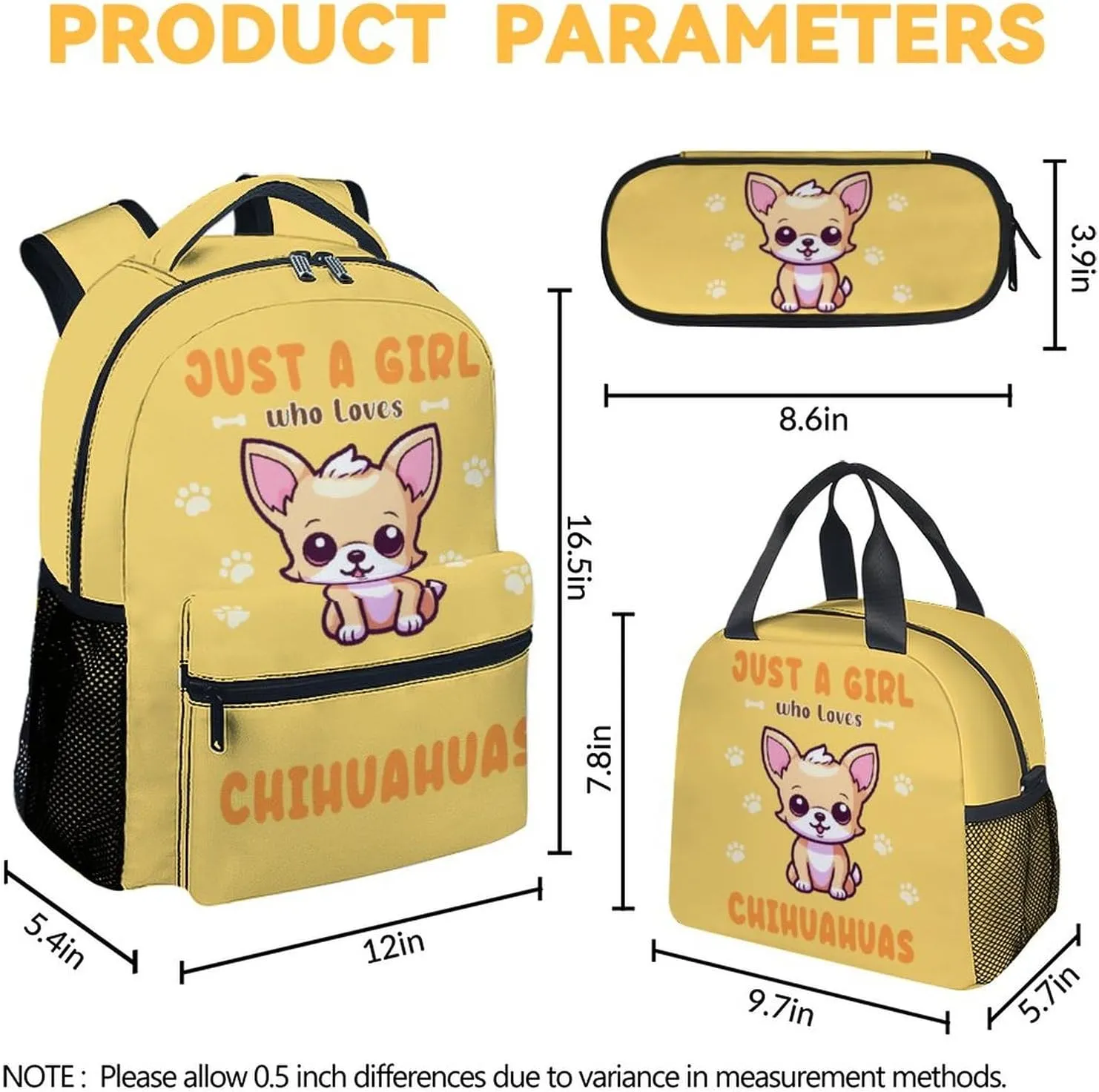 Chihuahua Backpack with Lunch Box, Set of 3 School Backpacks Matching Combo, Cute Yellow Bookbag and Pencil Case Bundle